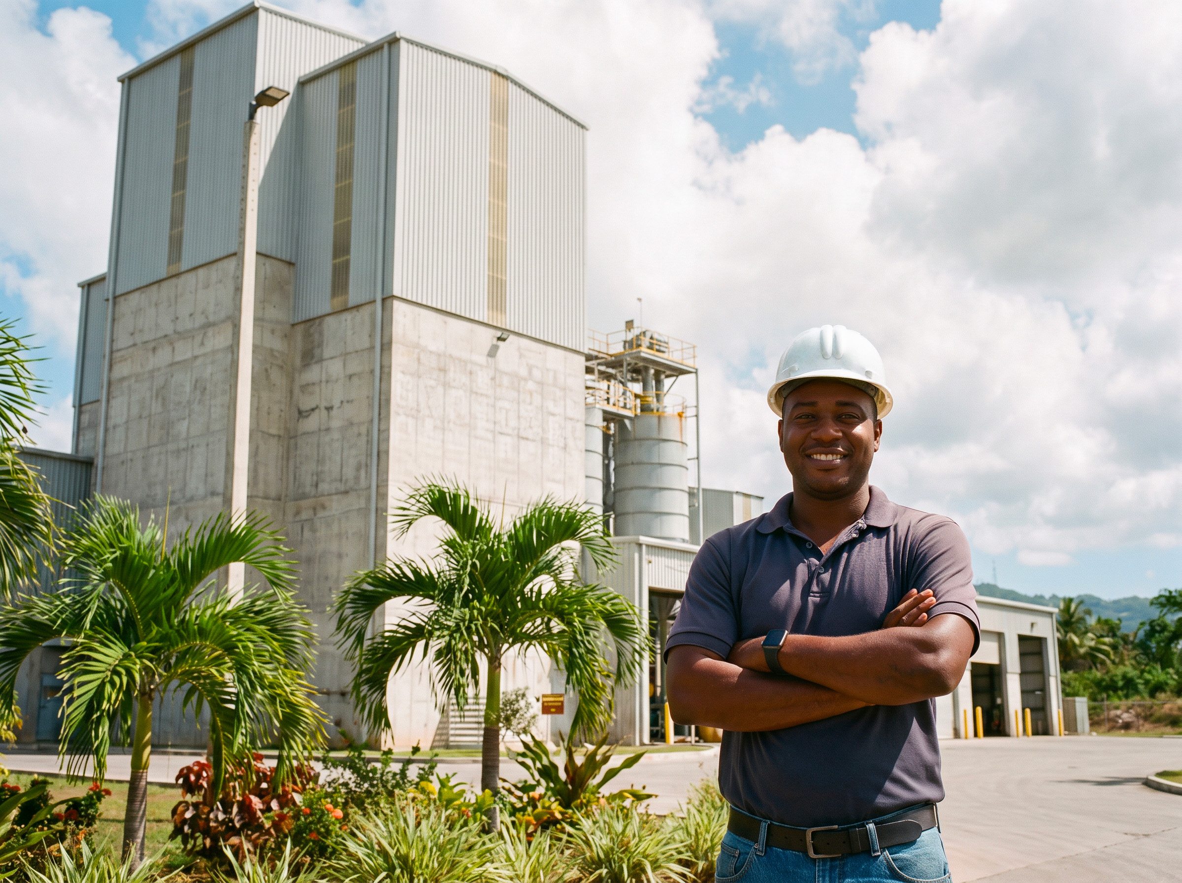 Groupe de visiteurs casqués découvrant un site industriel en Martinique